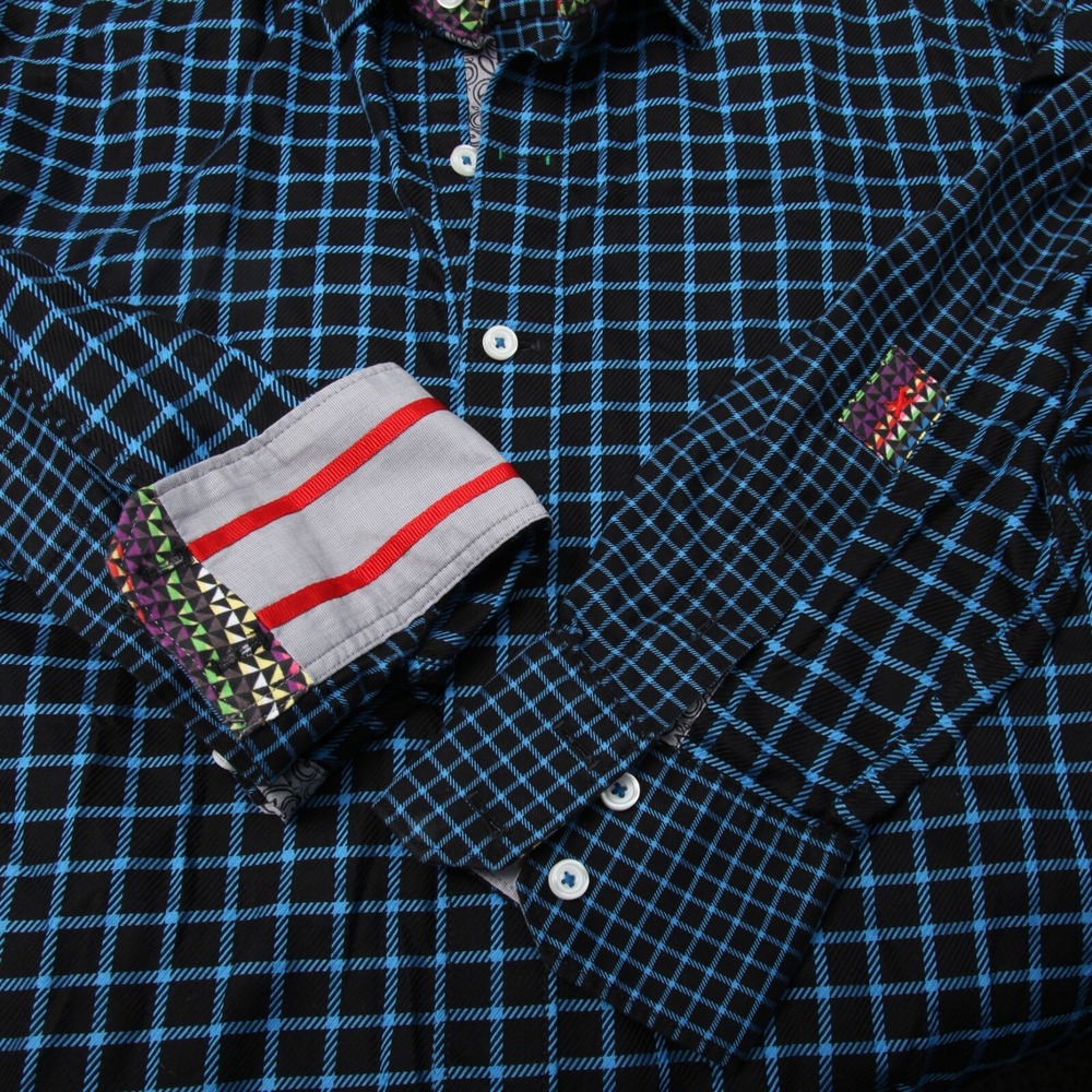Robert Graham Button Down Shirt Mens L Blue Black Grid Flip Cuff Long Cleeves - Picture 4 of 12